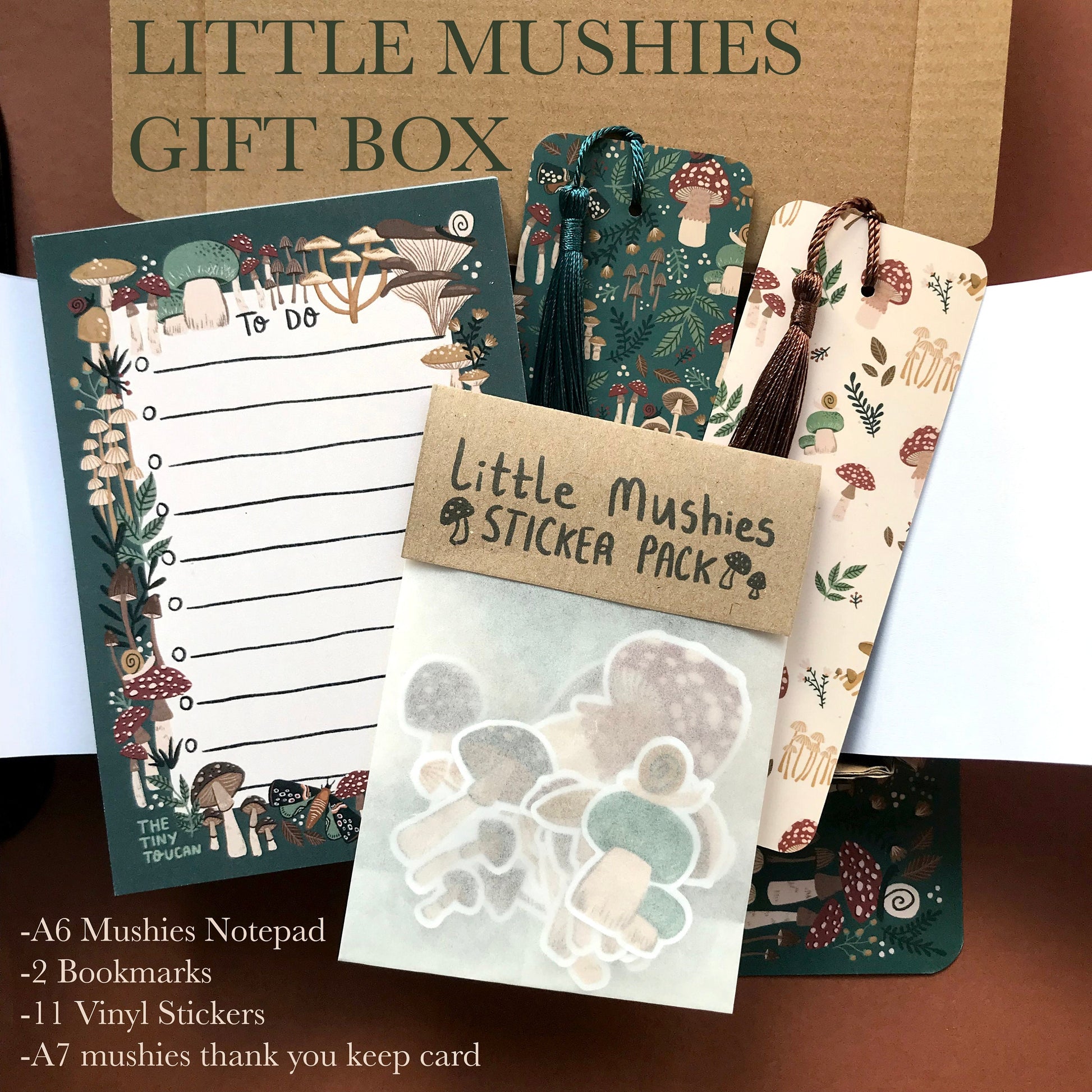 Little Mushies Gift Box-  Illustrated mushroom stationery gift box- Fungi- Notepad- Stickers- bookmark- book lover- Cottagecore