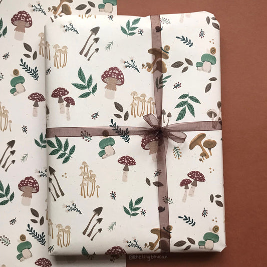 Cream Mushies Wrap- (A2+ Folded Sheet) Mushroom illustrated wrapping paper- Fungi-  Pretty Stationery- Gift Wrap- Mushroom gift- sustainable