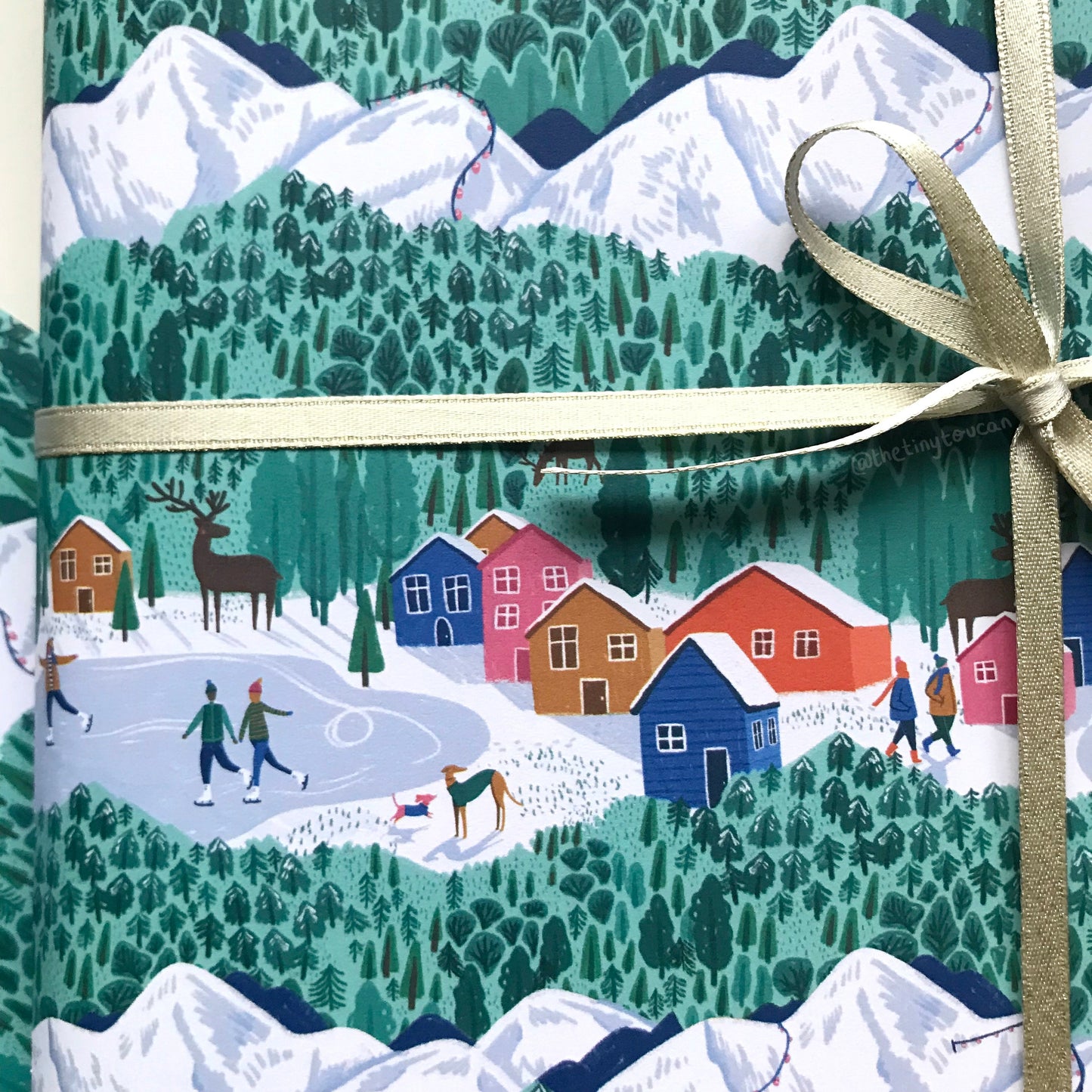 Magical Winter Christmas Gift Wrap- (A2+ Folded Sheet) Mountains illustrated wrapping paper- Dog Lovers- Ice Skaters- Wrapping Paper