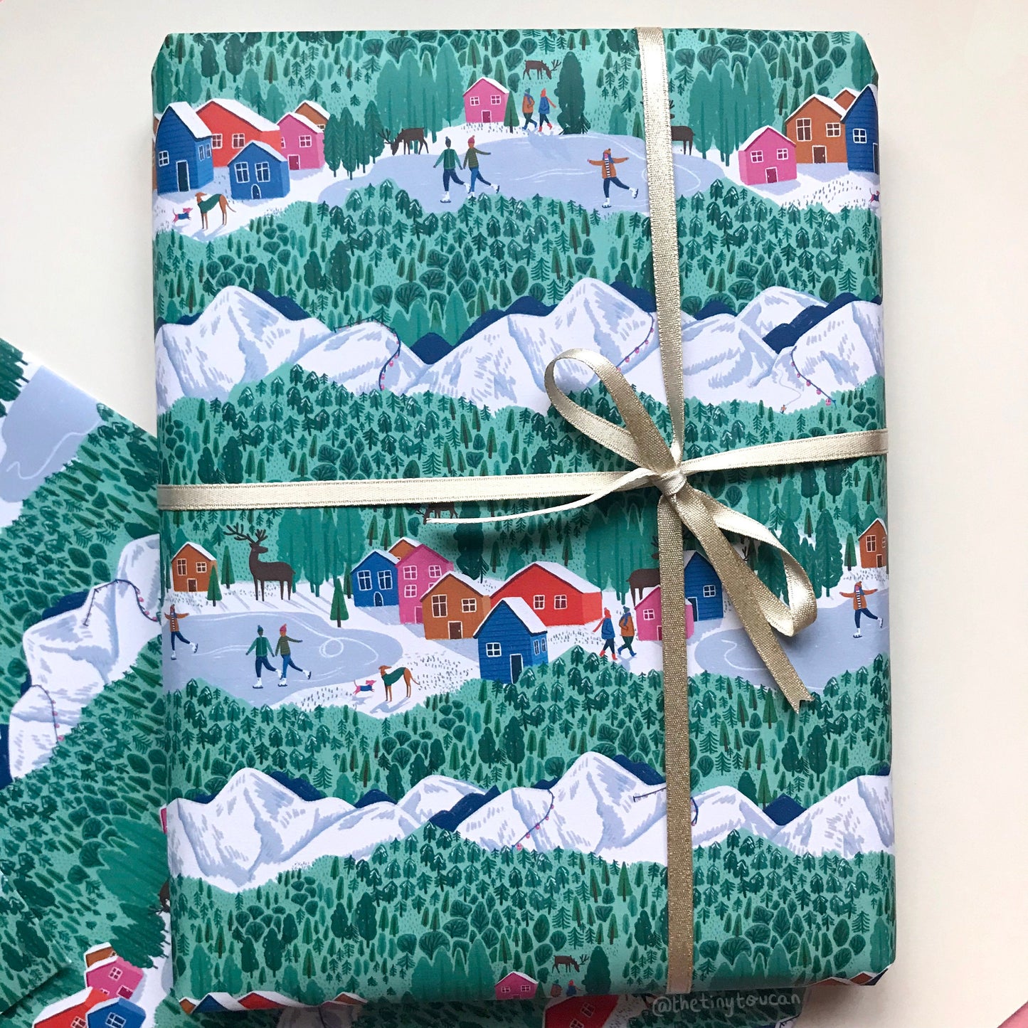 Magical Winter Christmas Gift Wrap- (A2+ Folded Sheet) Mountains illustrated wrapping paper- Dog Lovers- Ice Skaters- Wrapping Paper