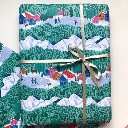 Magical Winter Christmas Gift Wrap- (A2+ Folded Sheet) Mountains illustrated wrapping paper- Dog Lovers-  Ice Skaters- Wrapping Paper