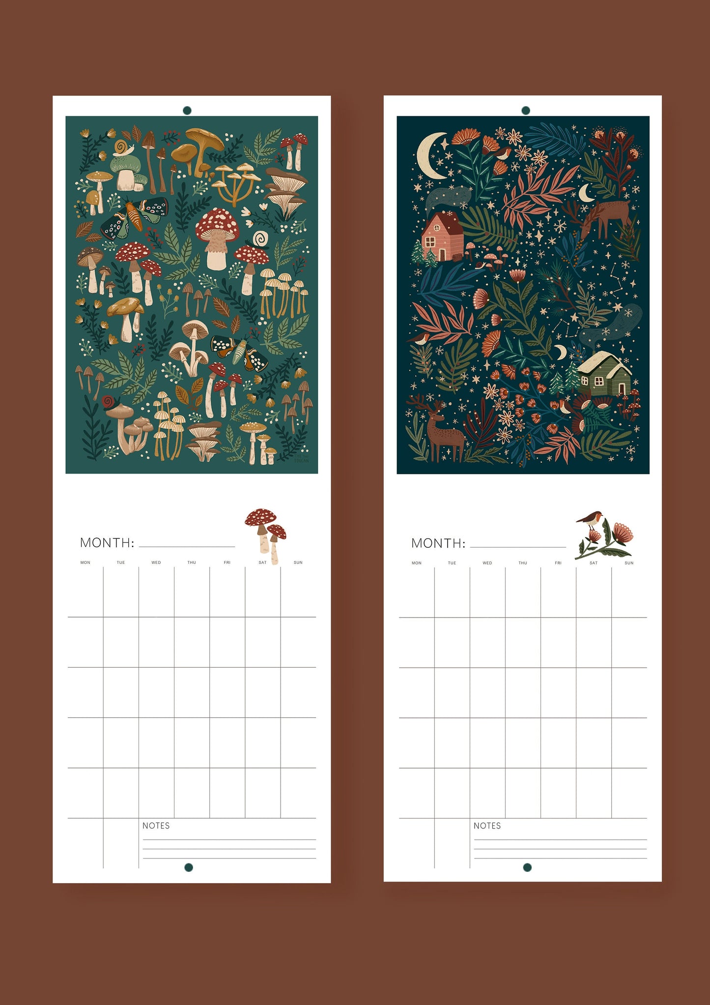 DATELESS Calendar- Academic Year, Tax Year, A4 Illustrated Wall calendar. Cottagecore. Mushrooms. 12 month planner. Please read description