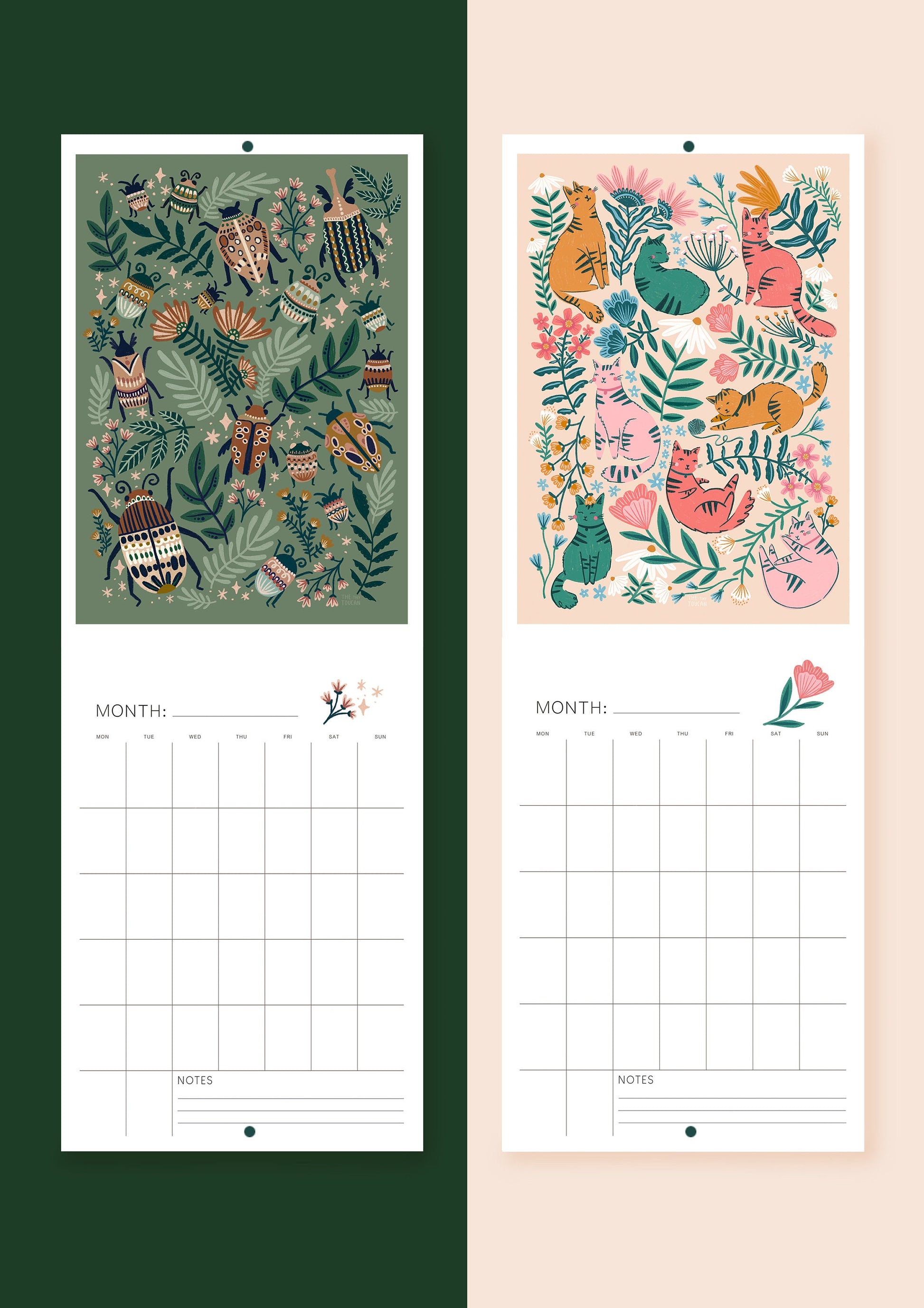 DATELESS Calendar- Academic Year, Tax Year, A4 Illustrated Wall calendar. Cottagecore. Mushrooms. 12 month planner. Please read description