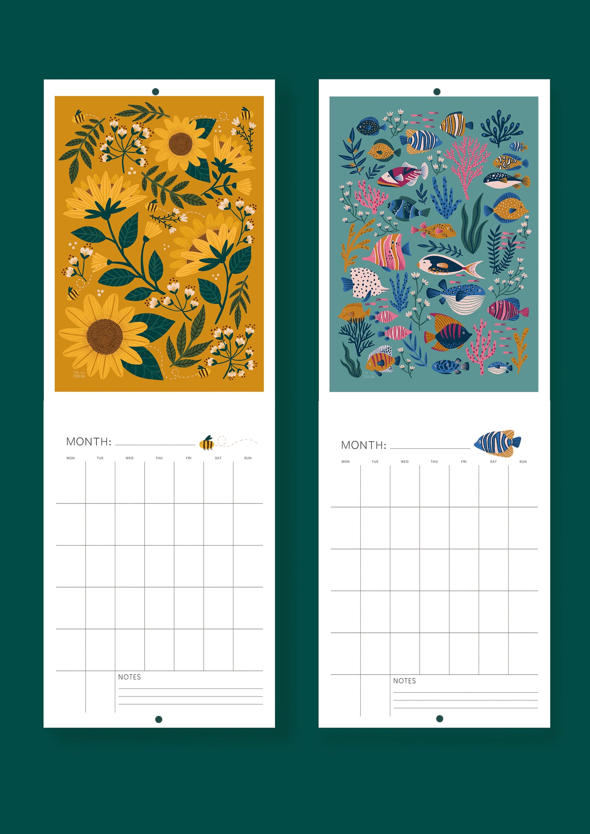 DATELESS Calendar- Academic Year, Tax Year, A4 Illustrated Wall calendar. Cottagecore. Mushrooms. 12 month planner. Please read description