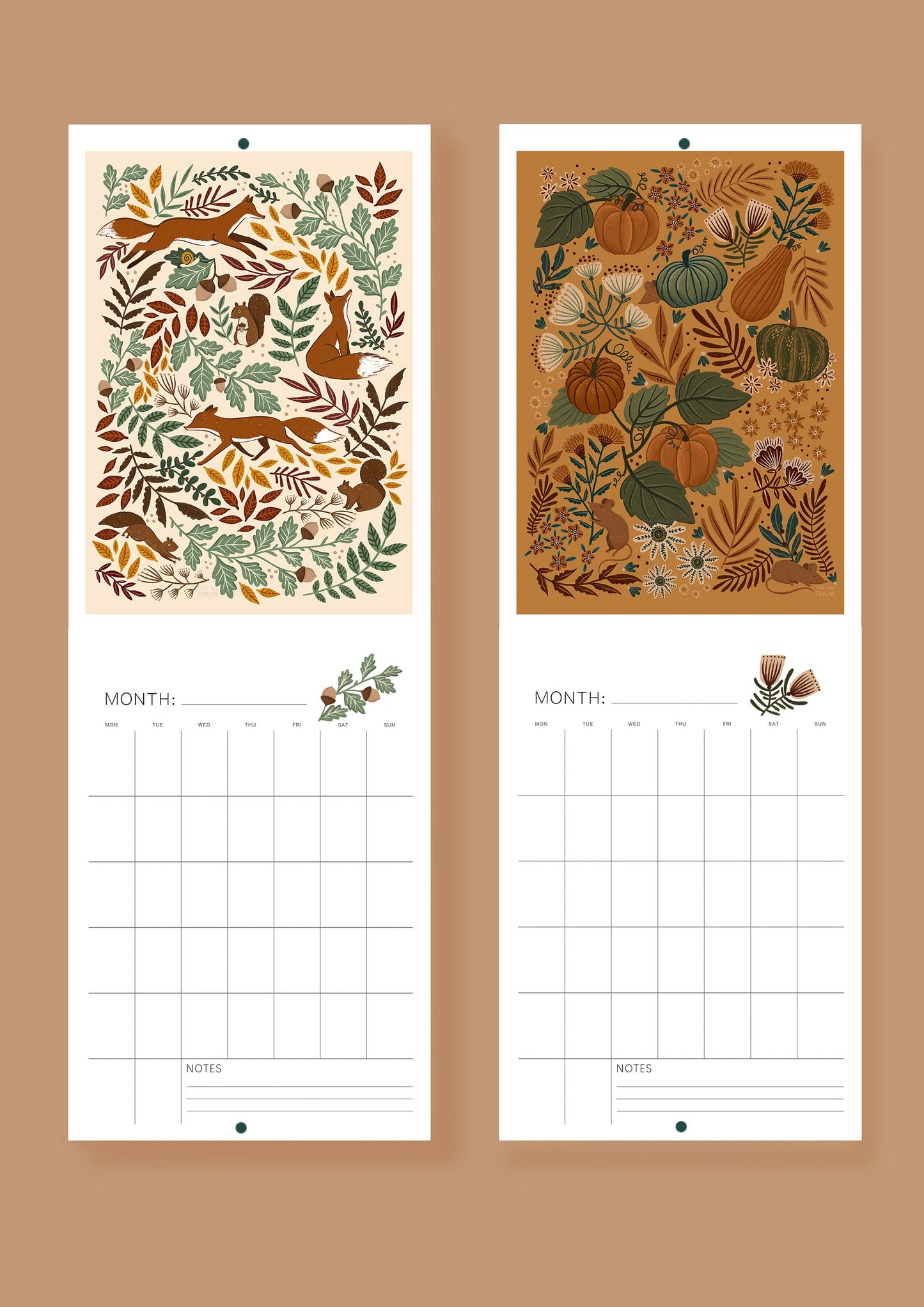 DATELESS Calendar- Academic Year, Tax Year, A4 Illustrated Wall calendar. Cottagecore. Mushrooms. 12 month planner. Please read description