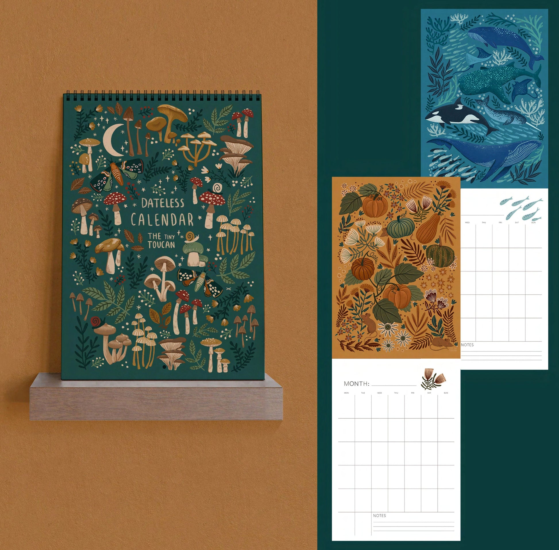 DATELESS Calendar- Academic Year, Tax Year, A4 Illustrated Wall calendar. Cottagecore. Mushrooms. 12 month planner. Please read description