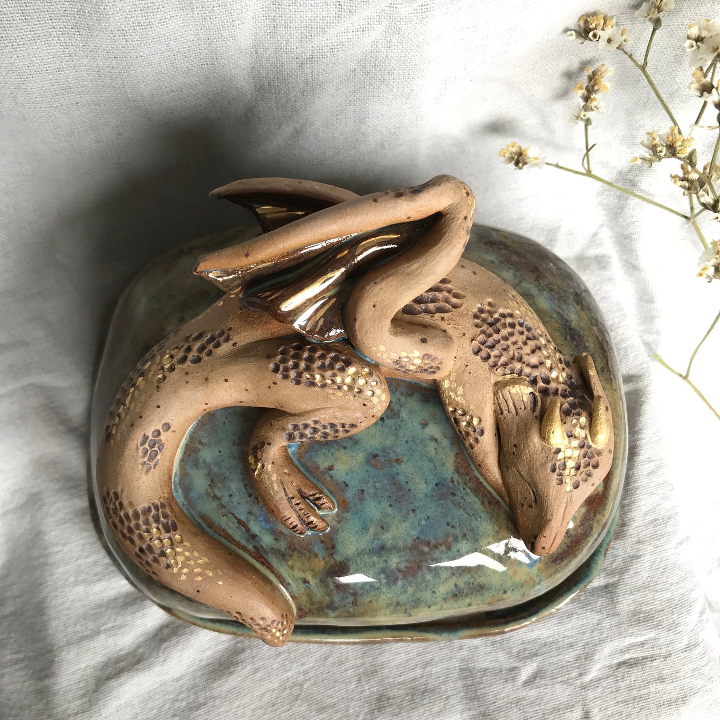 Sleepy Dragon Butter Dish in Moss with Gold