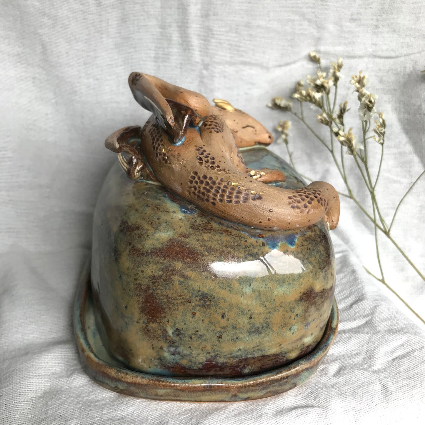 Sleepy Dragon Butter Dish in Moss with Gold