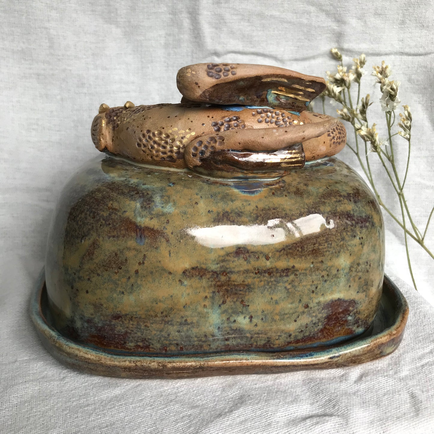 Sleepy Dragon Butter Dish in Moss with Gold