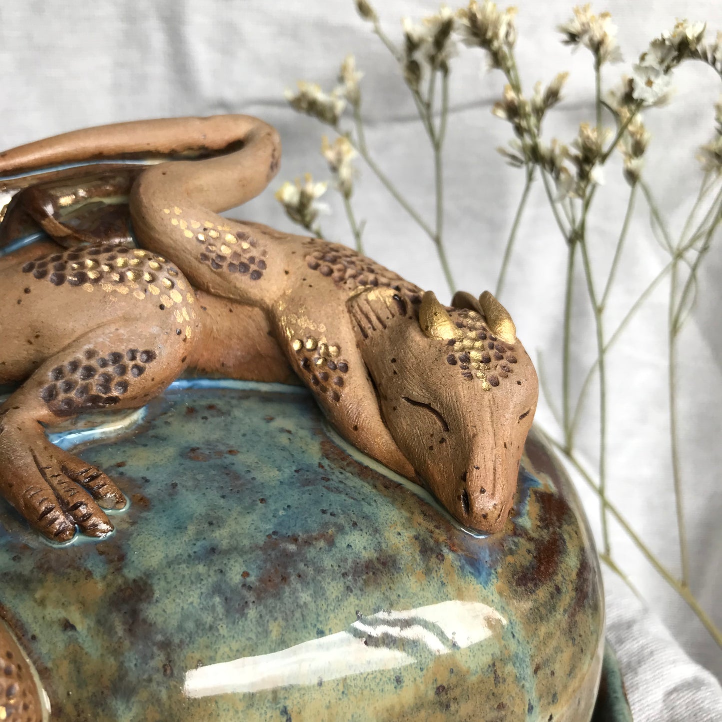 Sleepy Dragon Butter Dish in Moss with Gold