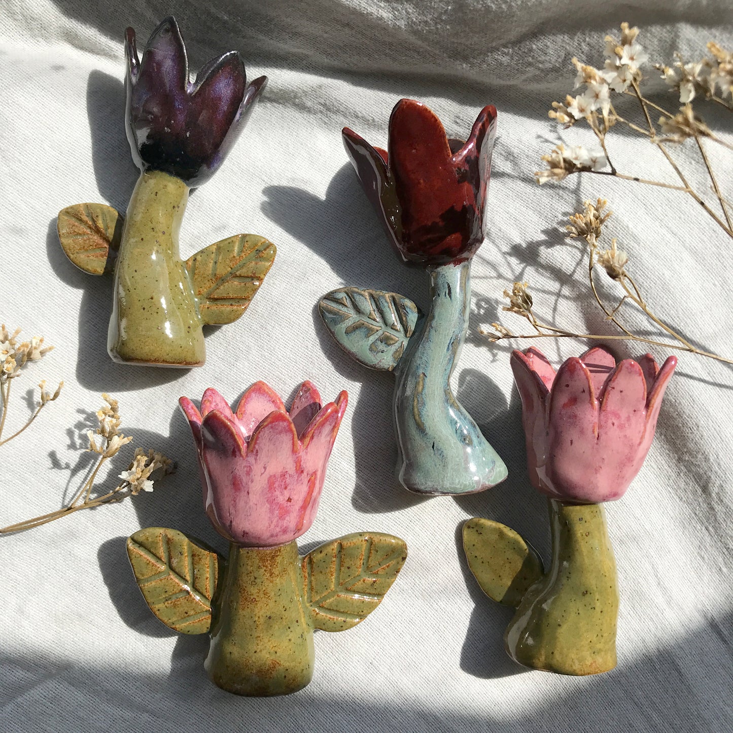 Tulip Candle Stick Holder- Pink 2 leaves