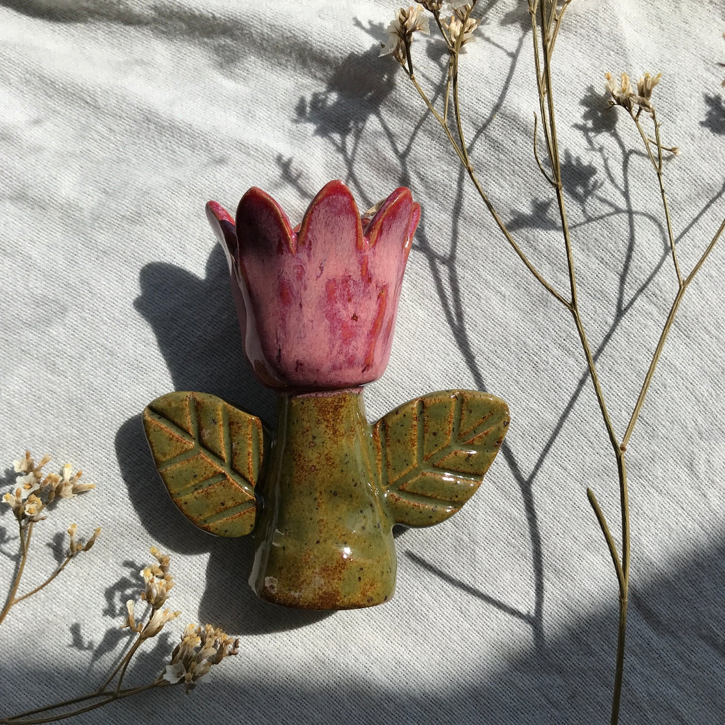 Tulip Candle Stick Holder- Pink 2 leaves
