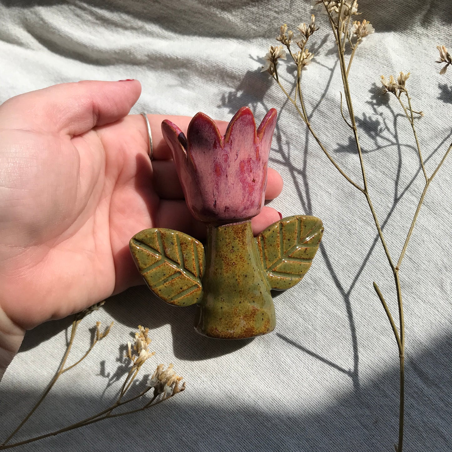 Tulip Candle Stick Holder- Pink 2 leaves