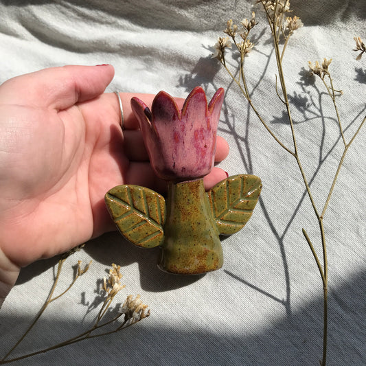 Tulip Candle Stick Holder- Pink 2 leaves