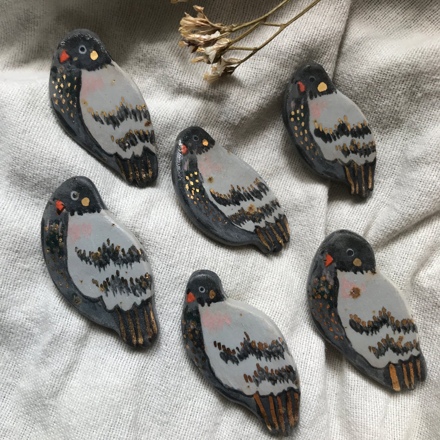 Ceramic Pigeon Pin with 24 Karat Gold
