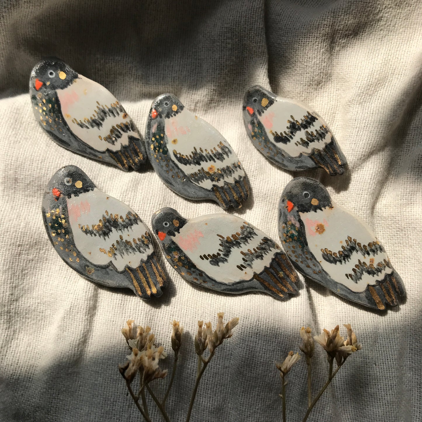 Ceramic Pigeon Pin with 24 Karat Gold