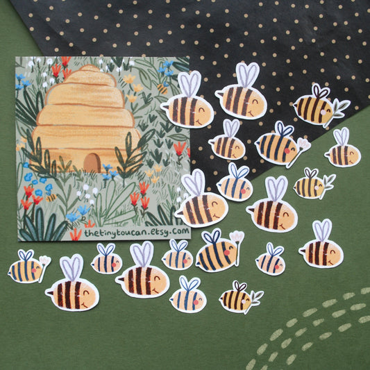 My Bee Hive Sticker Pack!  (20 mixed size bee stickers, tech stickers, laptop sticker, cute) Waterproof Vinyl Stickers, mixed gloss/matte
