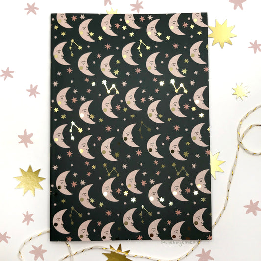 Moon Notebook- Astrology gift, stars and moon, A5 LINED NOTEBOOKS, 48 lined pages, gold foil, made in the U.K, sustainable sourced paper,